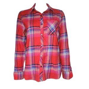 Orvis Button Down Shirt Womens Size M Medium Red Blue Plaid Long Sleeve Collared